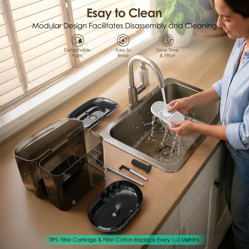 The fountain fully disassembled at a kitchen sink.