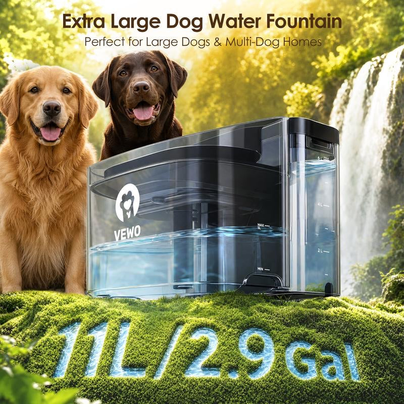 The VEWO fountain in front of two large dogs, labeled 11 liters or 2.9 gallons.